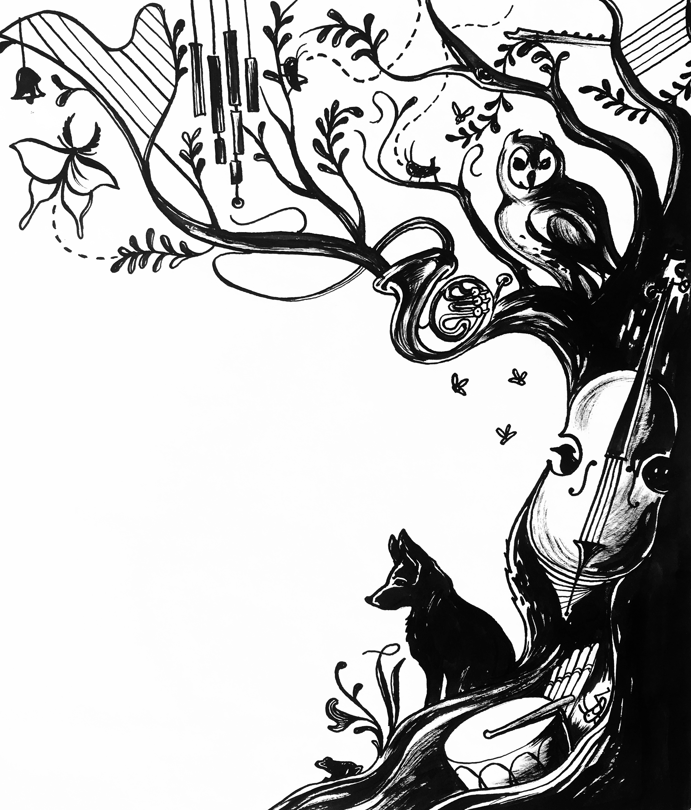 Large tree silhouette with animals and musical instruments
